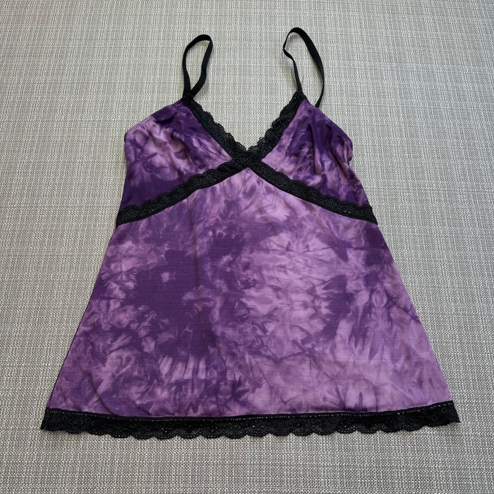 Y2K Indie Tie Dye Lace Trim Cami Purple Fairy Grunge Slip Tank Top Babydoll